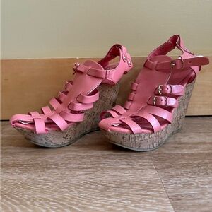 Pink Strappy Wedge Sandals